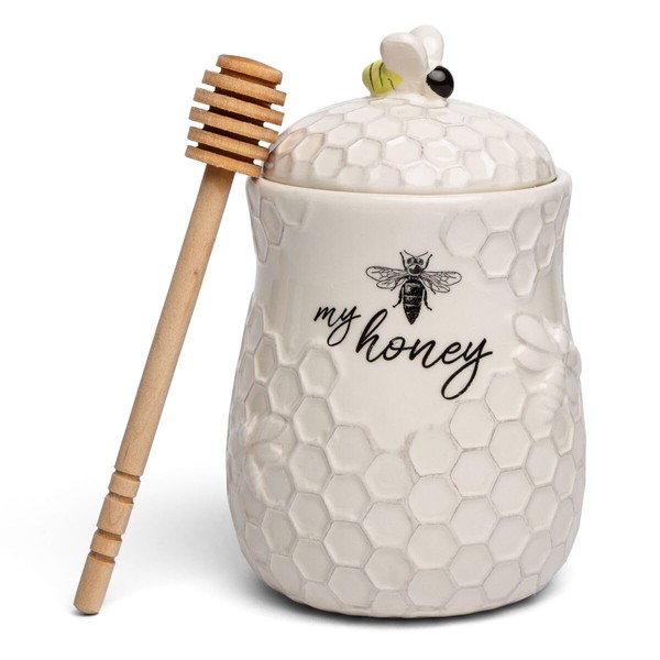 Young's Inc. Ceramic Honey Jar with Wooden Honey Dipper - Farmhouse Kitchen Decor - Tea Accessories