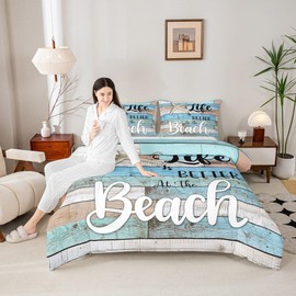 Manfei Beach Life Comforter Set King Size, Life is Better at The Beach Bedding Set 3pcs, Rustic Farmhouse Blue Wooden Plank Down Comforter, Kids Teens Adults Room Decor, 2 Pillowcases, No Sheets