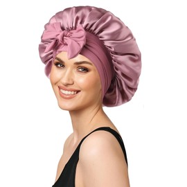 100% Silk Bonnet for Sleeping, 19 Momme Pure Mulberry Silky Hair cap with Tie Band Stay On Head, Silk Hair Bonnet for Women, Reduce Frizz (Bean paste)