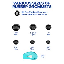 Boatsea 66 PCS 6 Size Rubber Grommets for Wiring, Double Sided Round Rubber Hole Plug, Firewall Grommet Rubber Hole Plugs, Drill Hole Sizes of 1-13/16" 1-1/2" 1" 7/8" 5/8" 3/16", Black