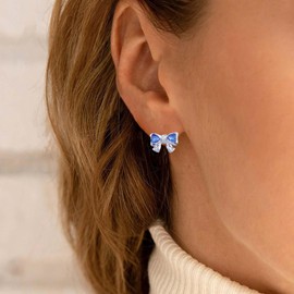 TseenYi Bow Stud Earrings Silver Small Bow Knot Earrings Blue Crystal Heart Earrings Small Heart Love Earrings Bow Tie Earrings Jewellery for Women and Girls Gifts