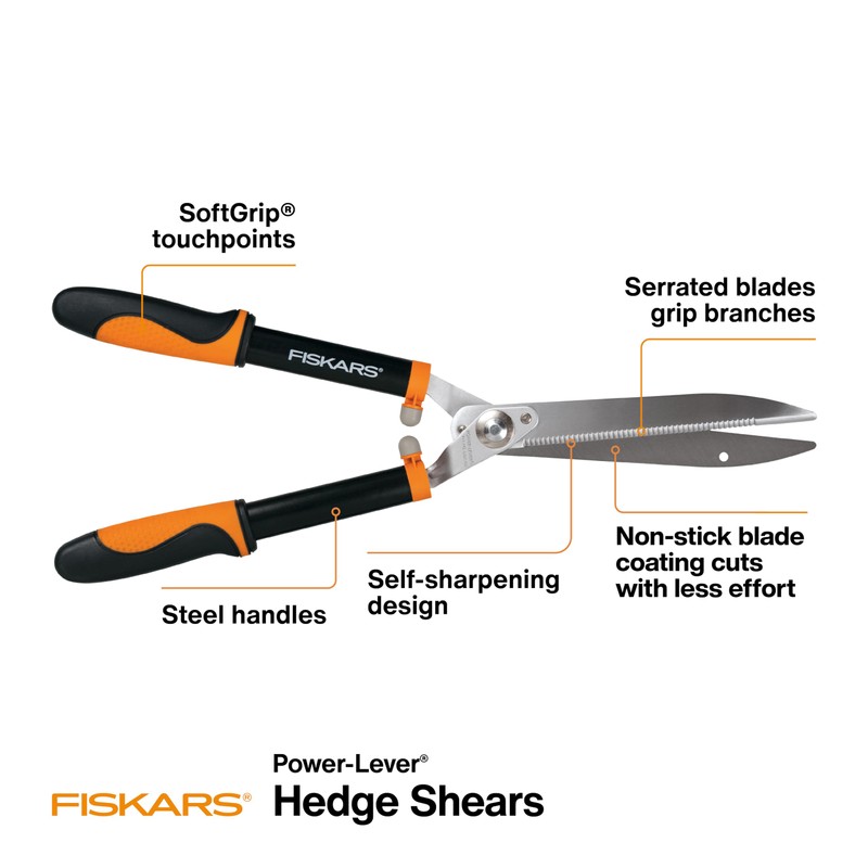 Fiskars 23-Inch Power-Lever Hedge Shears, Self-Sharpening Precision-Ground Steel Blades, For