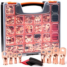 TKDMR 264 PCS Battery Cable Ends Kit,132 PCS AWG 8 6 4 2 1/0 2/0 Heavy Duty Copper Wire Lugs Ring Terminals,Battery Cable Lugs Eyelets Terminal Connectors with 132 PCS 3:1 Heat Shrink Tubing