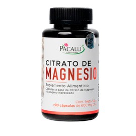 PACALLI Citrato de Magnesio en Cápsulas · 90 Cápsulas · 600 mg por Cápsula · Con Colágeno Hidrolizado · Suplemento Diario