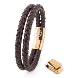 Akitsune Simplicitas Leather Bracelet | Magnetic Link Bangle Trinket Premium Women Men Braided Handmade Bracelet - Gold - Brown 22cm