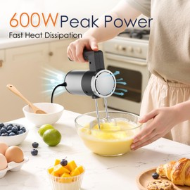 Powerful 600W Hand Mixer, 5-Speed Electric Hand Held Mixer for Baking, Lightweight Stainless Steel Hand Beaters *2 & Dough Hooks*2 with Eject Button, Kitchen Mixer for Cream, Cookies, Dough-Grey