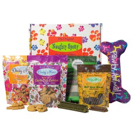 Naughty Spotty Dog Treat Box with Pawty Animal Plush Toy, USA-Made Dog Treats & Chews for Md/Lg Dogs (Peanut Butter, Bacon Cheese, Duck & Peppermint Flavors.