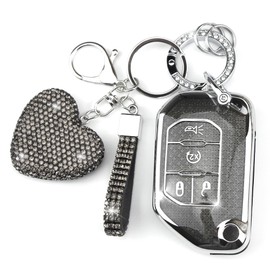 YIKECASE Key Fob Cover with Diamond Keychain Compatible with Jeep Car Key Holder Case Compatible with Jeep Wrangler JLU JL Gladiator Rubicon JT Flip Key Protector for Women, 4 Buttons (Black-Heart)