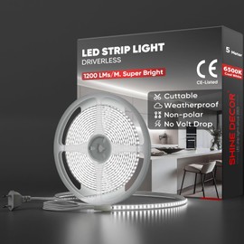 Shine Decor COB LED Strip 5 m, AC 220 V 230 V IP65 Waterproof LED Strip, SMD 2835 120 LEDs/m Ultra High Brightness Light Strip for Home Decoration Kitchen Garden LED Lighting (5 m, Cool White)