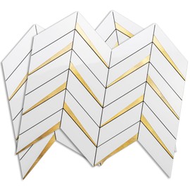 DICOFUN 10-Sheet Herringbone Tile Peel and Stick Backsplash, Polished White PVC Mixed Metal Gold Stick on Backsplash for Kitchen and Bathroom Wall
