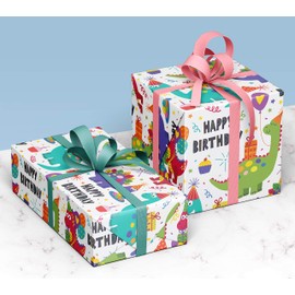 4 x Dinosaur Wrapping Paper Sheets 70cm x 50cm for Boys and Girls - Premium Recyclable Dino Gift Wrap for Kids Birthday. Made in the UK