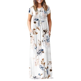 MISFAY Women Short Sleeve Loose Plain Maxi Dresses Casual Long Dresses Pockets(Floral White,2XL)