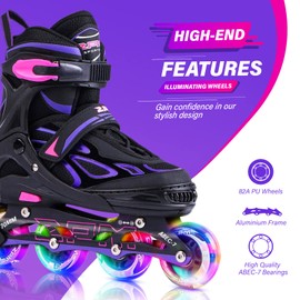 2PM SPORTS Vinal Girls Adjustable Inline Skates with Light up Wheels Beginner Skates Fun Illuminating Roller Skates for Kids Boys and Ladies… (Violet & Magenta, Large - Youth (4Y-7Y US))