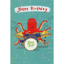 Pictura Red Octopus Playing Blue and Gold Drums Birthday Card