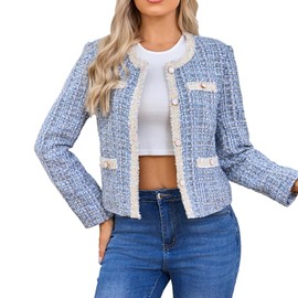 Csvinkiko Women's Tweed Blazers Cropped Long Sleeve Crewneck Open Front Lace Trim Lightweight Plaid Work Business Jackets(Blue-XL)