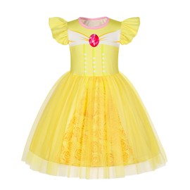 AmzBarley Belle Dress Girls Little Kids Princess Party Dressing up Fancy Dress Fairy Tale Role Playing Clothes World Book Day Outfits Yellow Age 2-3 Years 100