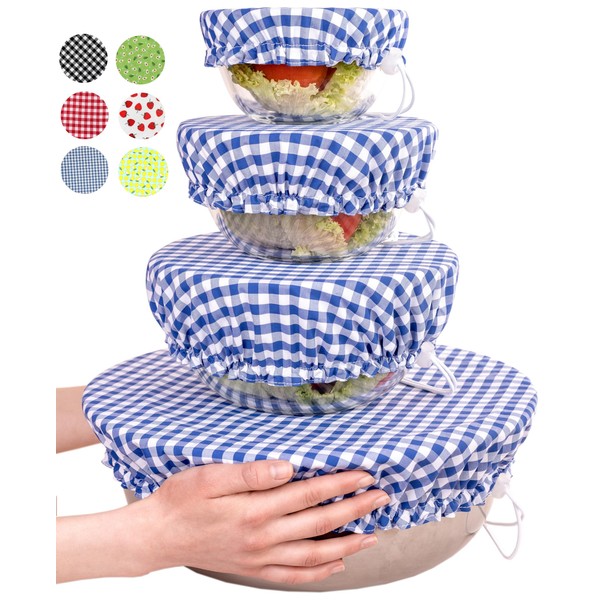Large US Size for Handmade Reusable Cotton Fabric Bowl Covers - Two Layers of Fabric (Set of 4, Blue plaid)
