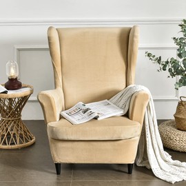 OBCREAT Wingback Chair Covers,2 Piece Stretch Velvet Wingback Chair Slipcover Soft Wing Chair Sofa Covers with Elastic Bottom,Armchair Couch Cover Furniture Protector for Living Room (Beige)