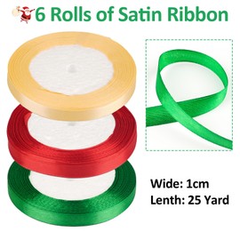 22 m x 6 Rolls Christmas Ribbon, 10 mm Gift Ribbon Christmas, Green/Gold/Red Satin Ribbon for Crafts Gift Wrapping, Decorative Ribbon Christmas for Christmas Decoration, Wedding, Birthday Party