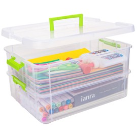 TERGOO 2 Layer Plastic Storage Containers with Lids, Multipurpose Clear Stack & Carry Box, Portable Craft Organizers and Storage Bin for Organizing Art & Craft, Sewing, Makeup, Nail Supplies (Green)