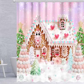 VanillaBay Christmas Gingerbread House Shower Curtain, Pink Winter Christmas Trees Candy Gifts Shower Curtain for Bathroom Bathtubs Decor, 72x72 Inch Bathroom Curtain with 12 Hooks