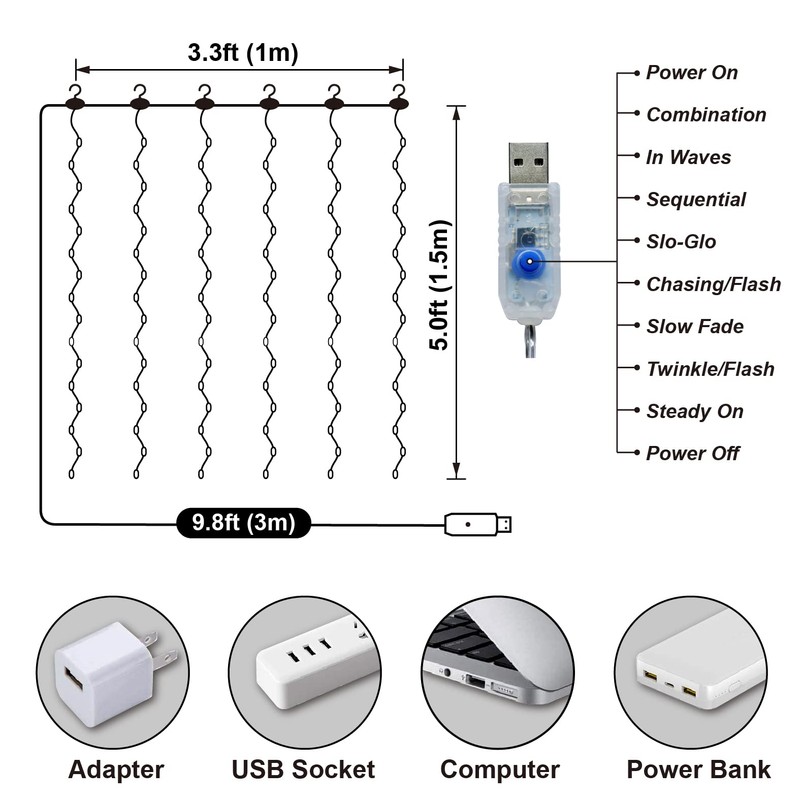 HXWEIYE Short Curtain Lights for Small Window, 3.3x5Ft USB Plug