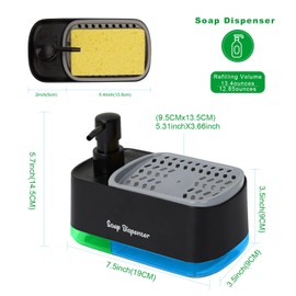 Kitchen Dish Soap Dispenser Set,2-in-1 Countertop Hand and Dish Soap Dispenser Set,Black Soap Dispenser Set with 1 Sponge Holder,for Kitchen Sink Bathroom Countertop Storage Organizer