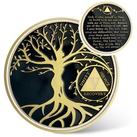 5 Year Sobriety Coin - Gold Tree of Life AA Coins - Recover Na AA Chips and Medallions - 1-40 Prime Living Clean Sobriety Chip Token - Narcotics Alcoholics Anonymous Gifts for Men Women