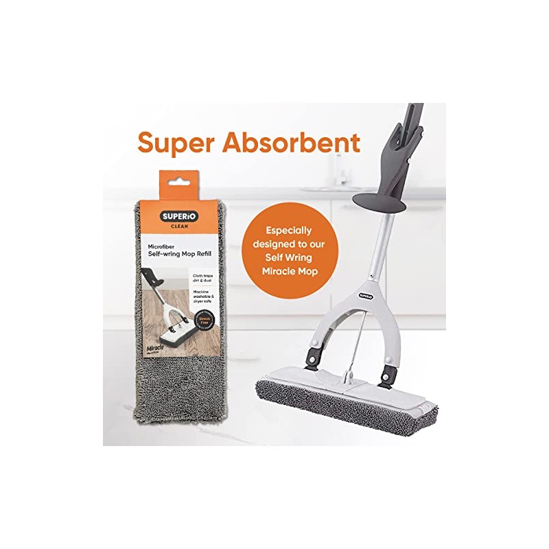 Superio Microfiber Mop Head Replacement for Self-Wring Miracle Mop, Microfiber