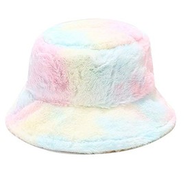 Umeepar Winter Faux Fur Fuzzy Bucket Hat Fluffy Warm Hat for Women Men (Tie Dyed Rainbow)