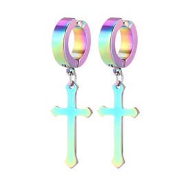 Non-Pierced Clip On Cross Dangle Drop Hoop Hinged Earrings Set for Men Women No Piercing Ear Plug Jewelry for Graduation Easter Christmas