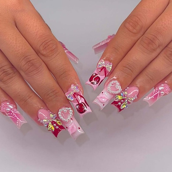 ONPRESS 24Pcs Pink Press on Nails Medium Square Fake Nails