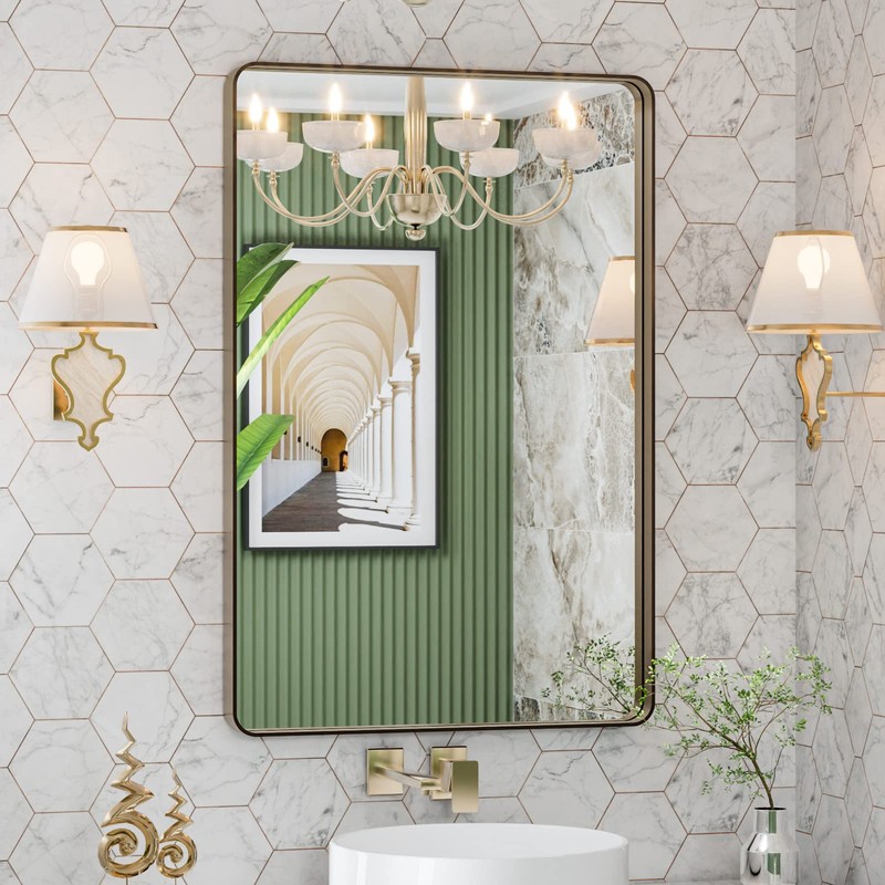 LOAAO 24”X36” Bronze Bathroom Mirrors for Vanity, Rounded Rectangle Brushed