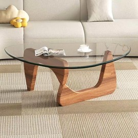 Modern Glass Coffee Table for Living Room, Mid Century Coffee Table, Small Coffee Tables, Suitable for Bedroom Living Room Reception Office Tables (Walnut/Transparent, Medium)