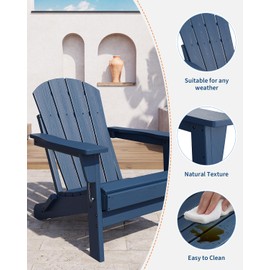 GarveeLife Folding Adirondack Chairs, HDPE Plastic Outdoor Chairs with Wood Texture - 380Lbs & Weather Resistant for Fire Pit, Deck, Patio, Pool, Backyard - Navy Blue
