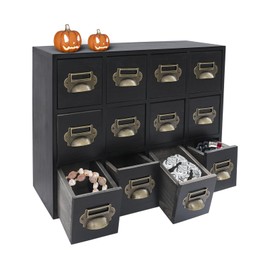 QUSKLISU Drawers Storage Cabinet, Vintage Wooden Storage Organizer with Label Slots Tabletop Desk Chest Tea Coffee Pod Storage Tool for Home, Office, Shop (Black, 12 Drawer)