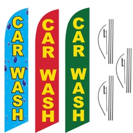 GLOBAL ADVERTISING SOLUTIONS Three Car Wash With Yellow Text Feather Flag Eye Catching Banner Sign for Business and Marketing Complete Set of three with 15 ft Pole Kit and Ground Spike