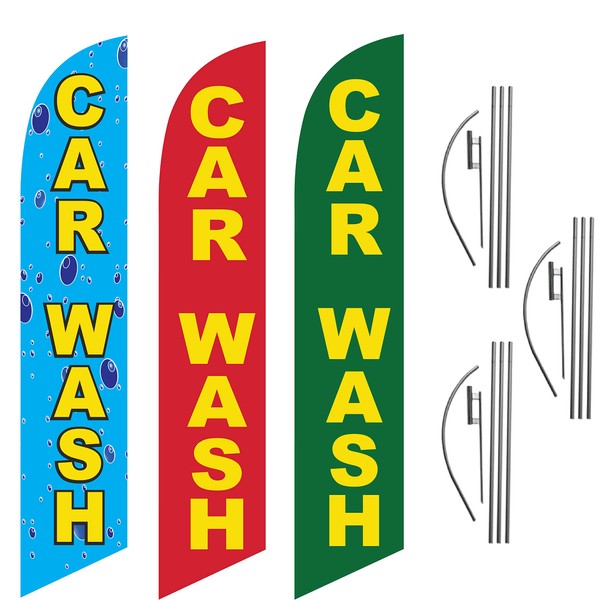 GLOBAL ADVERTISING SOLUTIONS Three Car Wash With Yellow Text Feather