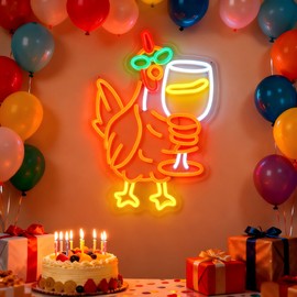 Funny Chicken Drink Wine Neon Sign for Kitchen Bar Men's Man Cave, Birthday Party Art Wall Decoration，Rooster Gift Decoration Aesthetics