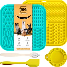 TASMAI Premium Quality Lick Mat for Dogs, Dog Lick Mat with Suction Cups, Pet Boredom Reducer, Slow Feeder, Dog Licking Mat Small, Cat Licking Mat (Teal&Yellow LickMats+1 Spatula+1 Brush+1 Can Lid)
