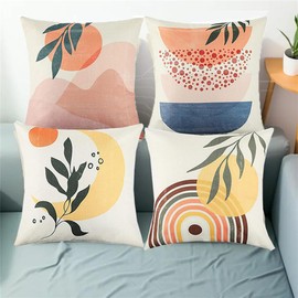 Habodd Boho Cushion Cover 45 x 45 cm Set of 4 Decorative Cushions Abstract Art Leaves Sun Geometric Cushion Covers Modern Polyester Linen Cushion Cover for Sofa Bedroom Outdoor Colourful