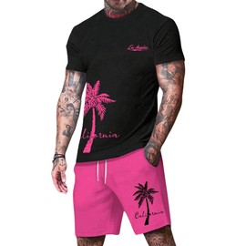BEAUDRM Men's 2 Pieces Outfit Short Sleeve Hawaiian Print Tee and Graphic Drawstring Waist Shorts Sets Pink and Black Large