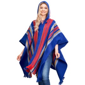 INTI ALPACA Hooded Poncho for Women in Royal Blue and Red Alpaca - Modern Long Cloak Cape - Cape Shawls Blanket