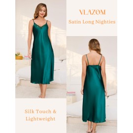 Vlazom Women's Nightdress, V-Neck, Satin, Sexy Negligee, Extra Long Sleep Dress, Babydoll with Lace (M, Dark Green)