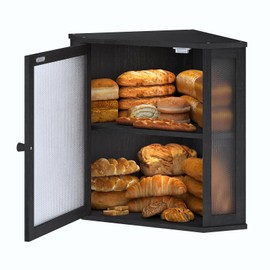 Furshus Corner Bread Box for Kitchen Countertop,Bread Storage for Homemade Bread, Double Layer Large Bamboo Kitchen Storage Bin with Window (Black, Large)