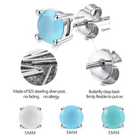 KALVICA 3Pairs Sterling Silver Earrings for Women Men Small Opal Stud Earrings Set Hypoallergenic 925 Silver Earrings Tiny White Blue Green Opal Womens Earrings