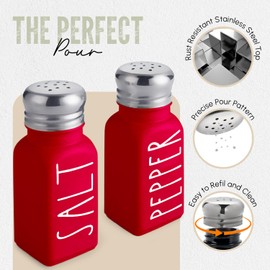 Red Salt and Pepper Shakers Set by Brighter Barns - Farmhouse Red Kitchen Decor and Accessories for Home Restaurants Weddings - Cute Modern Glass Christmas Red Shaker Sets & Stainless Steel Lid (Red)