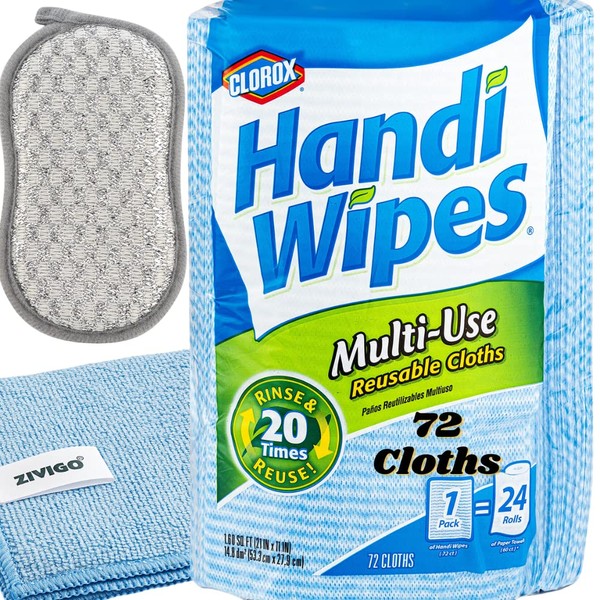 1 Pack of 72 Clorox' Handi Wipes Cloths, Dry Multi-Use Reusable Cloths, Bundled with 1 Zivigo Microfiber Cleaning Towel - 1 Dual-Sided Scrubbing Sponge