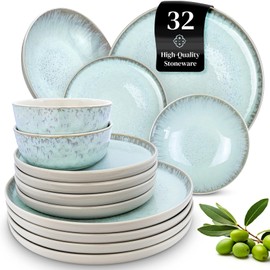 32 Piece Dinnerware Sets for 8 - Modern Style Stoneware Dinnerware Set - Scratch Resistant, Dishwasher Safe Plates and Bowls Sets Ceramic, Dish Set, Bowl and Plate Set - Beige and Blue…