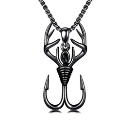 PROESS Black Fish Hook Necklace for Men 925 Sterling Silver Deer Antler Pendant Necklace Antler Fish Hook Hunting Jewelry for Father Son Fathers Day Christmas